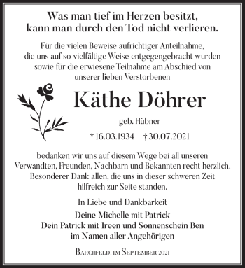 Traueranzeige von Käthe Döhrer von Südthüringer Presse