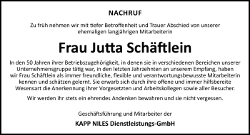 Traueranzeige von Jutta Schäftlein von Neue Presse Coburg