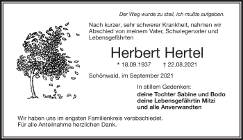 Traueranzeige von Herbert Hertel von Frankenpost