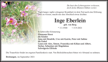 Traueranzeige von Inge Eberlein von Südthüringer Presse