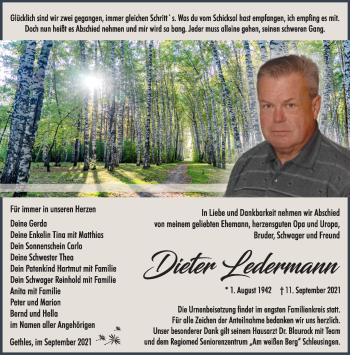 Traueranzeige von Dieter Ledermann von Südthüringer Presse