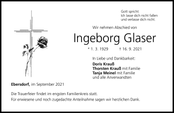 Traueranzeige von Ingeborg Glaser von Neue Presse Coburg