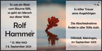 Traueranzeige von Rolf Hammer von Südthüringer Presse
