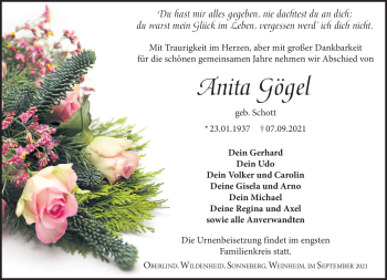 Traueranzeige von Anita Gögel von Südthüringer Presse