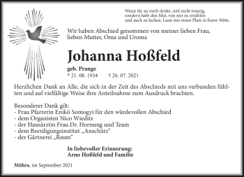 Traueranzeige von Johanna Hoßfeld von Südthüringer Presse