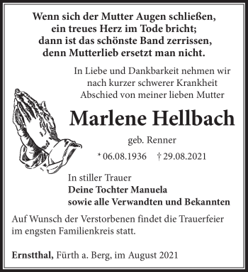 Traueranzeige von Marlene Hellbach von Südthüringer Presse