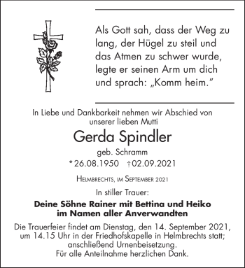 Traueranzeige von Gerda Spindler von Frankenpost