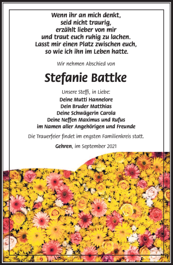 Traueranzeige von Stefanie Battke von Südthüringer Presse