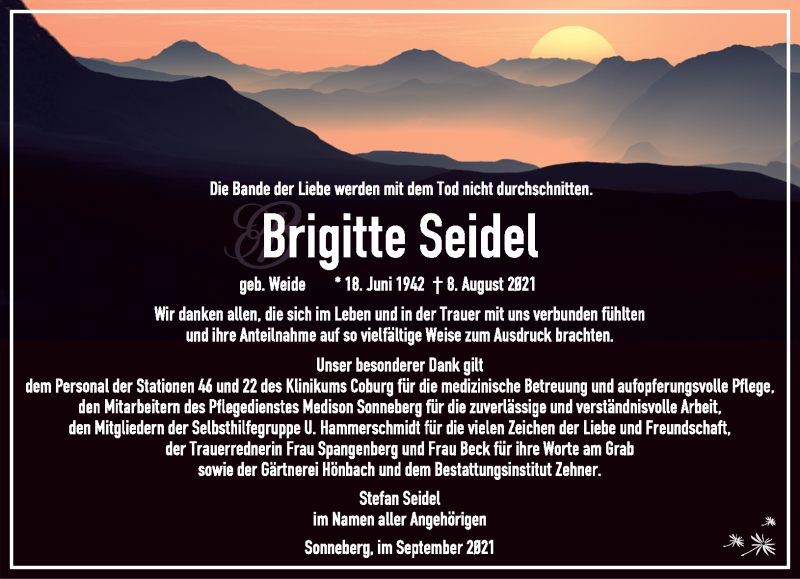  Traueranzeige für Brigitte Seidel vom 04.09.2021 aus Südthüringer Presse