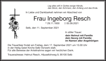 Traueranzeige von Ingeborg Resch von Frankenpost