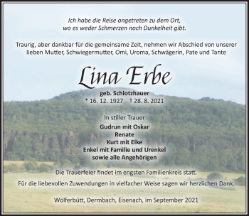 Traueranzeige von Lina Erbe von Südthüringer Presse