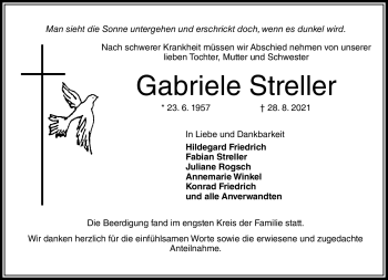 Traueranzeige von Gabriele Streller von Südthüringer Presse
