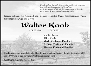 Traueranzeige von Walter Koob von Südthüringer Presse