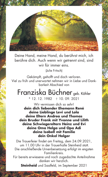 Traueranzeige von Franziska Büchner von Südthüringer Presse