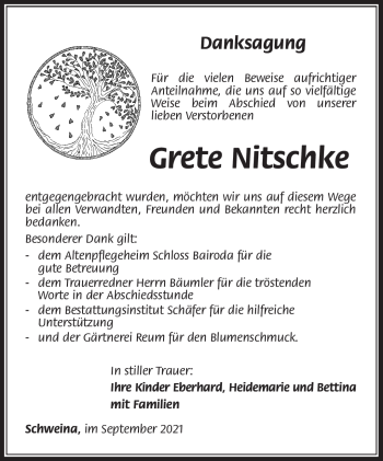 Traueranzeige von Grete Nitschke von Südthüringer Presse