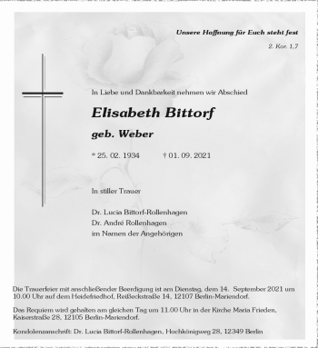 Traueranzeige von Elisabeth Bittorf von Südthüringer Presse