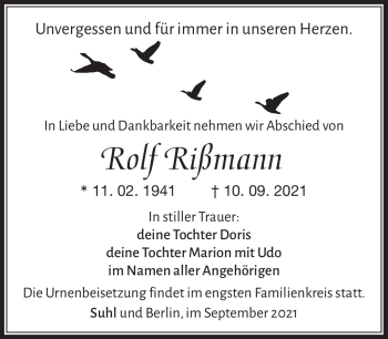 Traueranzeige von Rolf Rißmann von Südthüringer Presse