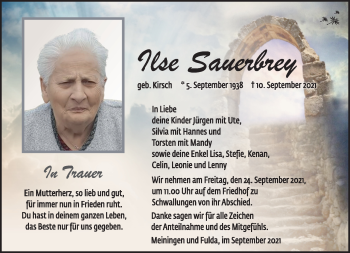 Traueranzeige von Ilse Sauerbrey von Südthüringer Presse