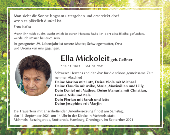 Traueranzeige von Ella Mickoleit von Südthüringer Presse