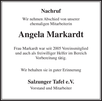 Traueranzeige von Angela Markardt von Südthüringer Presse