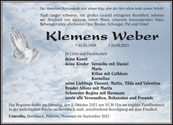 Traueranzeige von Klemens Weber von Südthüringer Presse