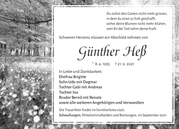 Traueranzeige von Günther Heß von Südthüringer Presse