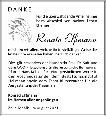 Traueranzeige von Renate Elßmann von Südthüringer Presse