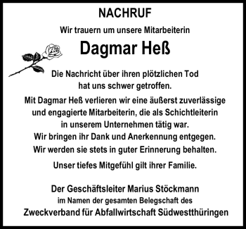 Traueranzeige von Dagmar Heß von Südthüringer Presse