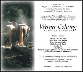 Traueranzeige von Werner Göring von Südthüringer Presse