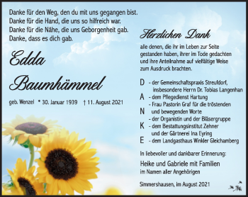 Traueranzeige von Edda Baumhämmel von Südthüringer Presse