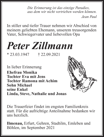 Traueranzeige von Peter Zillmann von Südthüringer Presse