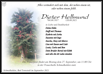 Traueranzeige von Dieter Hellmund von Südthüringer Presse
