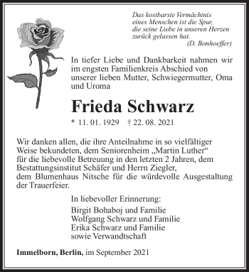 Traueranzeige von Frieda Schwarz von Südthüringer Presse