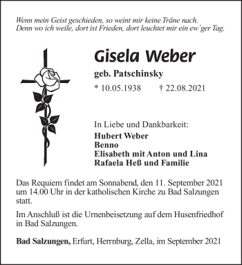 Traueranzeige von Gisela Weber von Südthüringer Presse