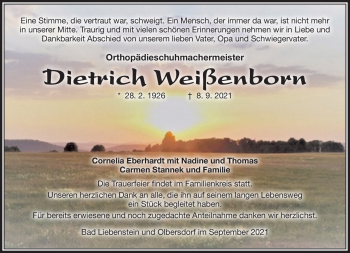 Traueranzeige von Dietrich Weißenborn von Südthüringer Presse