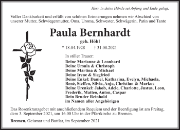 Traueranzeige von Paula Bernhardt von Südthüringer Presse