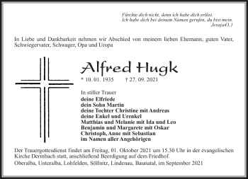Traueranzeige von Alfred Hugk von Südthüringer Presse