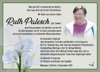 Traueranzeige von Ruth Palesch von Südthüringer Presse