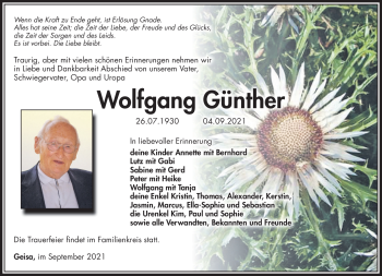 Traueranzeige von Wolfgang Günther von Südthüringer Presse