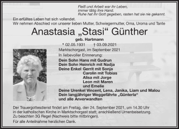 Traueranzeige von Anastasia Günther von Frankenpost