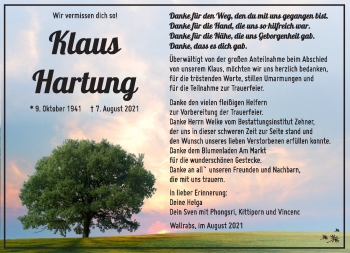 Traueranzeige von Klaus Hartung von Südthüringer Presse