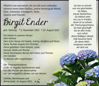 Traueranzeige von Birgit Ender von Südthüringer Presse