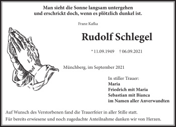 Traueranzeige von Rudolf Schlegel von Frankenpost