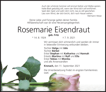 Traueranzeige von Rosemarie Eisendraut von Neue Presse Coburg
