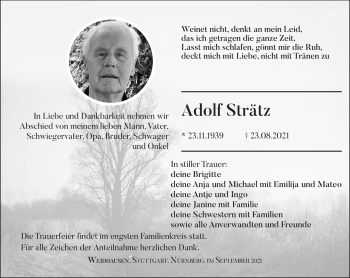 Traueranzeige von Adolf Strätz von Südthüringer Presse