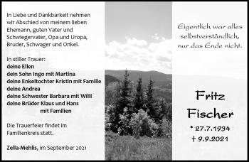 Traueranzeige von Fritz Fischer von Südthüringer Presse