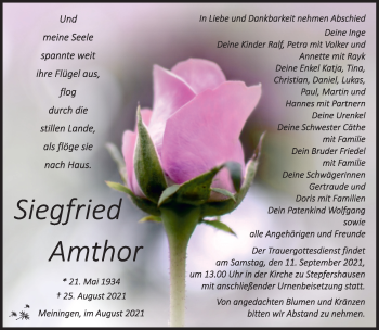 Traueranzeige von Siegfried Amthor von Südthüringer Presse