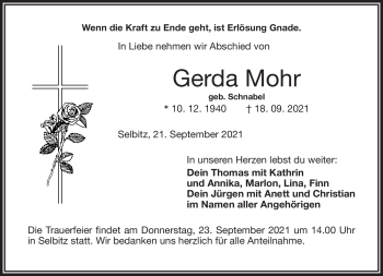 Traueranzeige von Gerda Mohr von Frankenpost