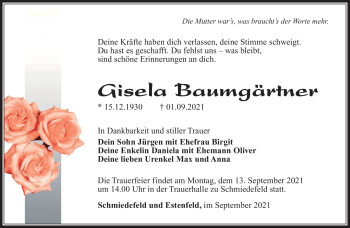 Traueranzeige von Gisela Baumgärtner von Südthüringer Presse