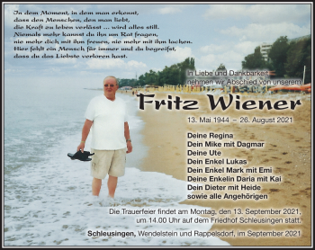 Traueranzeige von Fritz Wiener von Südthüringer Presse
